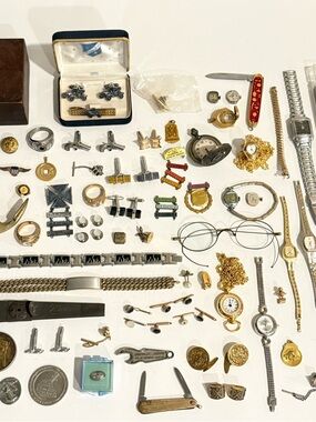 Vintage Men’s Junk Drawer Lot Watches Military Medals Sterling Knives Cuff Links